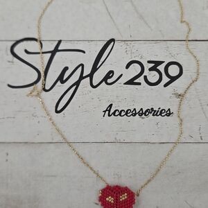 18kt Gold Plated Adjustable Necklace with Red and Gold Miyuki Heart Pendant